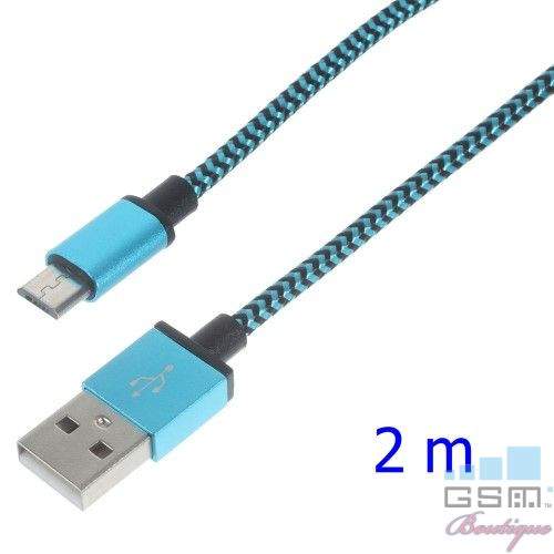 Cablu Data Sync Si Incarcare 2 Metri Micro USB Samsung Galaxy M10 Material Textil Albastru