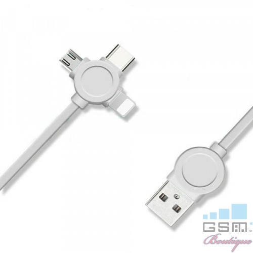 Cablu Date Si Incarcare 3 in 1 Lightning USB Type C MIcro USB Alb