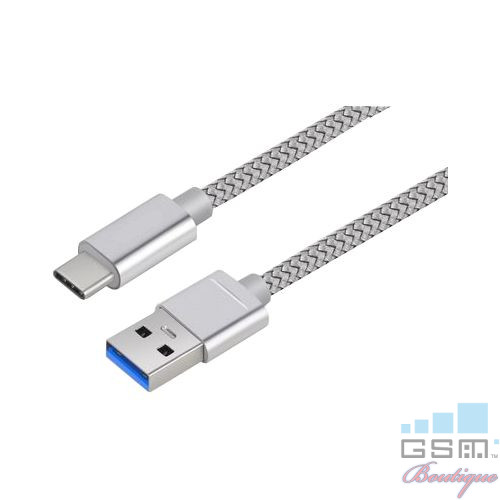 Cablu Date Si Incarcare USB Type C Samsung Huawei Allview Textil Argintiu