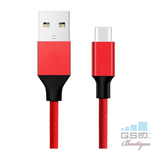 Cablu Date Si Incarcare USB Type C Samsung Huawei Allview Asus Textil Rosu