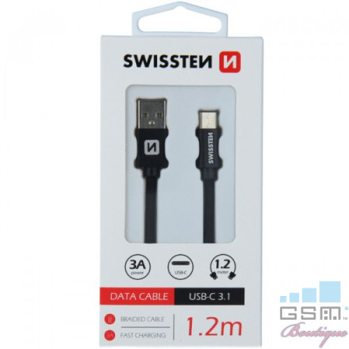 Cablu Date Si Incarcare USB Type C Textil 1,2 m Samsung Huawei LG Asus Allview Negru