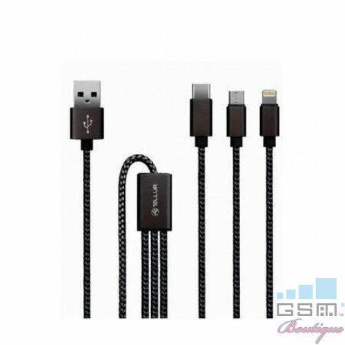 Cablu de date Tellur 3 in 1 - Micro USB + cablu lightning + cablu Type-C 1m Negru