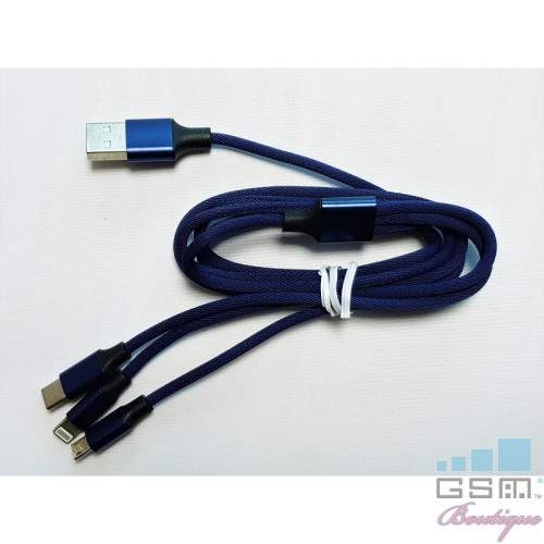 Cablu Incarcare si Date 3 in 1 MicroUSB USB-C Lightning Textil Albastru