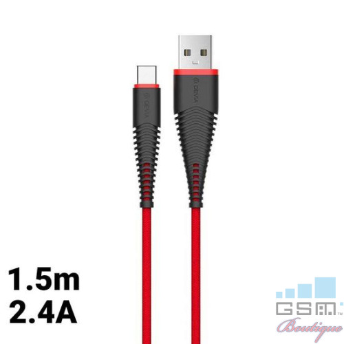 Cablu Type-C Devia Fish Red (1.5m, impletitura nylon, 2.4A)