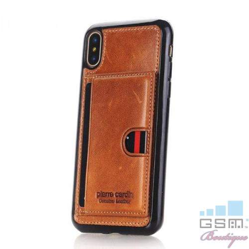 Husa telefon Pierre Cardin iPhone X / XS TPU cu suport pentru carduri din piele natural Maro