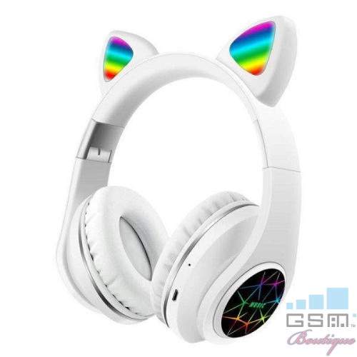 Casti wireless pliabile, Urechi de pisica, Bluetooth 5,0, LED Albe