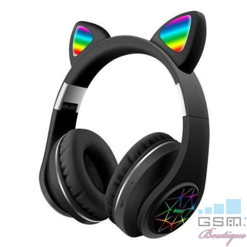 Casti wireless pliabile, Urechi de pisica, Bluetooth 5,0, LED Negre