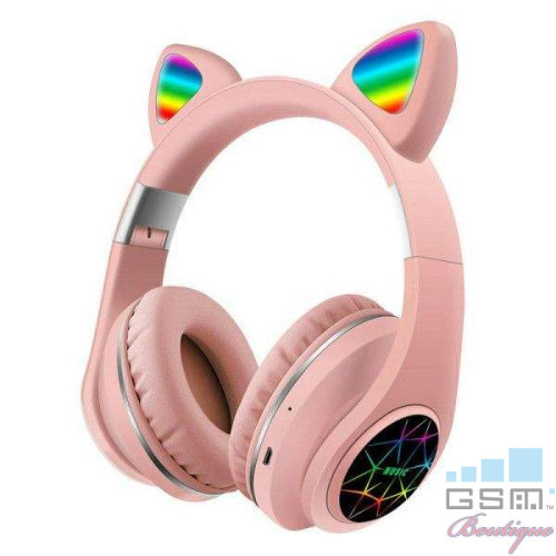 Casti wireless pliabile, Urechi de pisica, Bluetooth 5,0, LED Roz