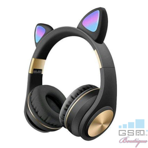 Casti wireless pliabile, Urechi de pisica, Bluetooth 5,0, LED, TF, AUX, Negre