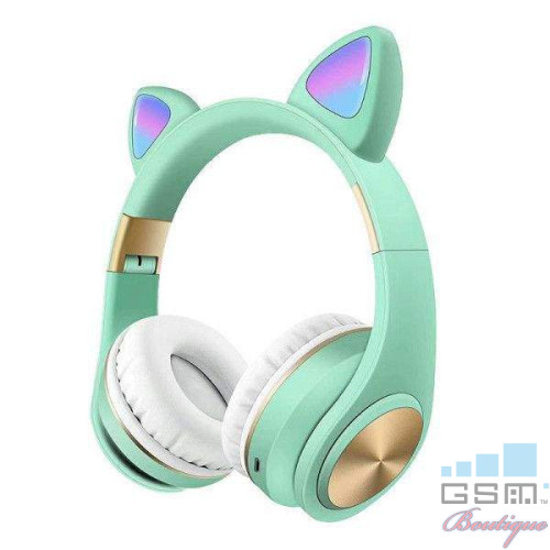Casti wireless pliabile, Urechi de pisica, Bluetooth 5,0, LED, TF, AUX, Verde