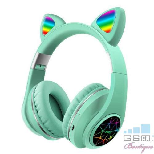 Casti wireless pliabile, Urechi de pisica, Bluetooth 5,0, LED, TF, AUX, Verde Mint