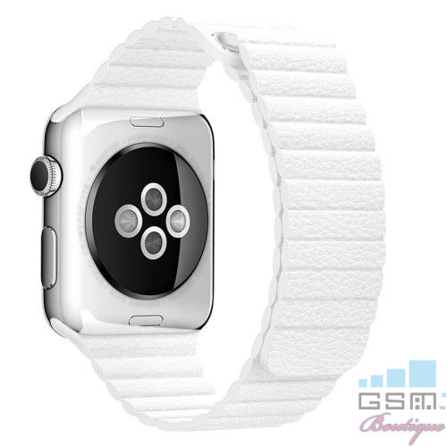 Curea Apple Watch Series /5/4 44mm / Series 3 2 1 Watch 42mm Piele Ecologica Magnetica Alba