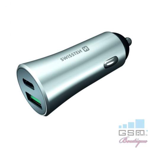 Incarcator Auto Swissten Power Delivery Cu USB-C Si USB Quick Charge 3,0 36W, Argintiu Metalic