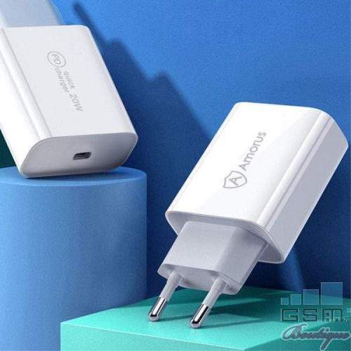 Incarcator retea AMORUS fast charging 20W, iesire USB C, Alb