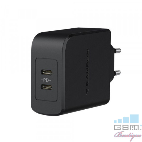 Incarcator retea RAMPOW 36W cu 2 porturi USB Type C Quick Charge 3,0 Negru