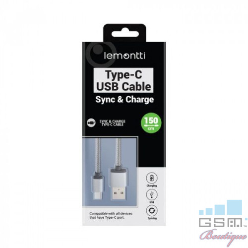 Lemontti Cablu USB Type-C Gri 1.5m (impletitura textila)