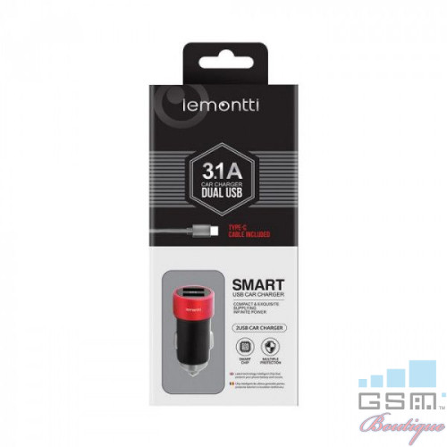 Lemontti Incarcator Auto 3.1A Dual USB Type-C Negru-Rosu (cablu detasabil)