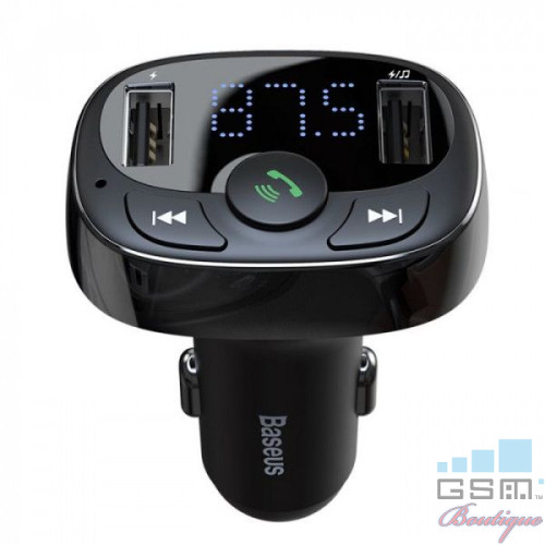 Modulator FM Bluetooth Baseus T-Typed CCTM-01, MP3 Player, Buton de apel, 2x USB, TF MicroSD, 3,4A, Negru