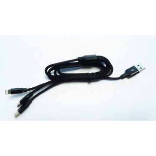 Cablu Incarcare si Date 3 in 1 MicroUSB USB-C Lightning Textil Negru