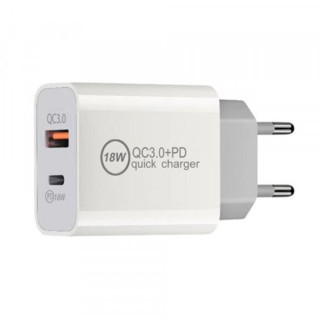 Incarcator retea 18W cu port USB si USB Type C Quick Charge 3,0 Alb