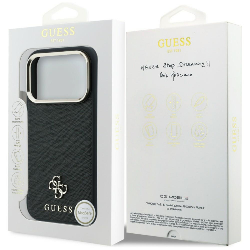 Cutia originala Guess, cu marcajul CG Mobile pe spate - Husa MagSafe pentru Apple iPhone 18 Pro Max / 17 Pro Max, Guess, Saffiano Small 4G Classic, Neagra