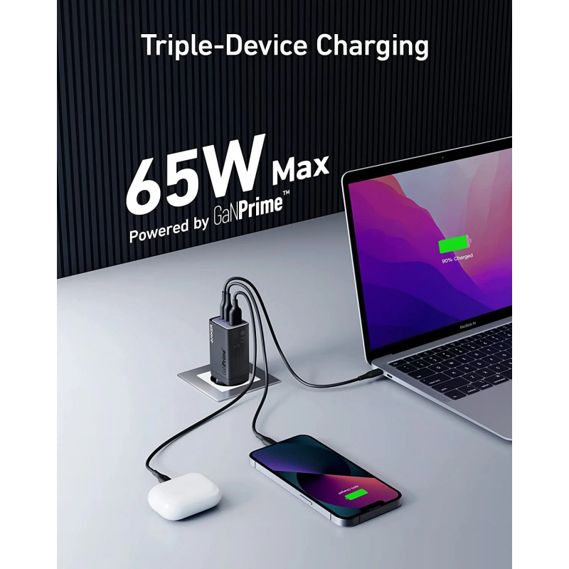 Un incarcator GaN 65W pentru laptop, telefon si casti - Incarcator Retea Anker 735 GaNPrime III, 65W, 3A, 1 x USB-A - 2 x USB-C, Negru A2668311