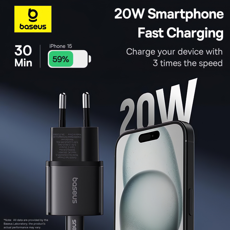 20W: iPhone 15 la 59% in 30 de minute - Incarcator Retea Baseus GaN5S, 20W, 3A, 1 x USB-C, Negru P10162503113-00