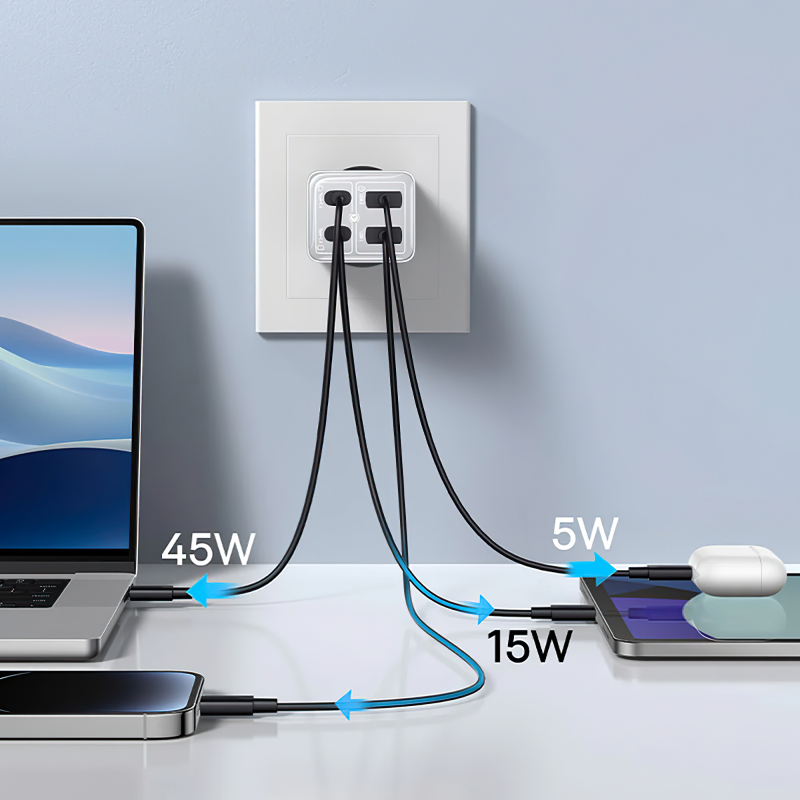 Laptop 45W + telefon 15W + casti 5W, in acelasi timp - Incarcator Retea Baseus GaN6 Pro, 65W, 3.25A, 2 x USB-A - 2 x USB-C, Alb P10162701213-00