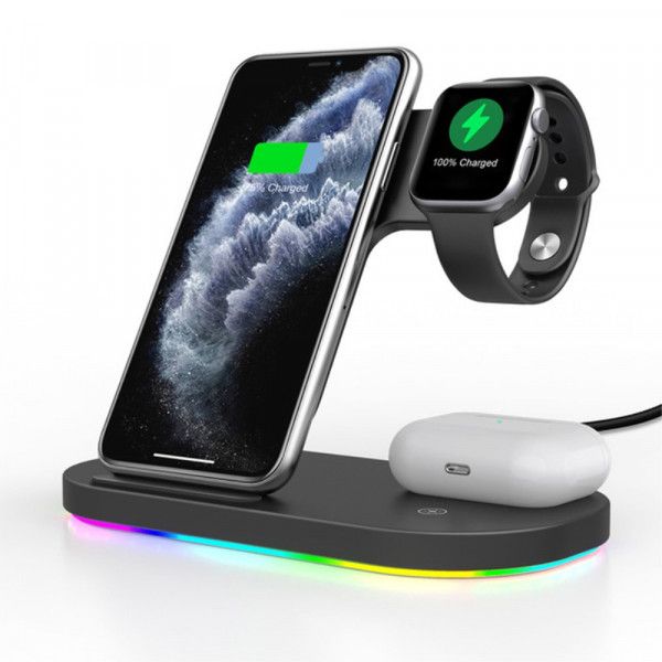 Incarcator wireless 3 in 1 pentru Apple iPhone, Apple Watch, Airpods, Negru